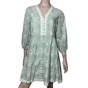 Marea Women’s Size M Green White Floral Flora Solana Button Up Mini Dress
